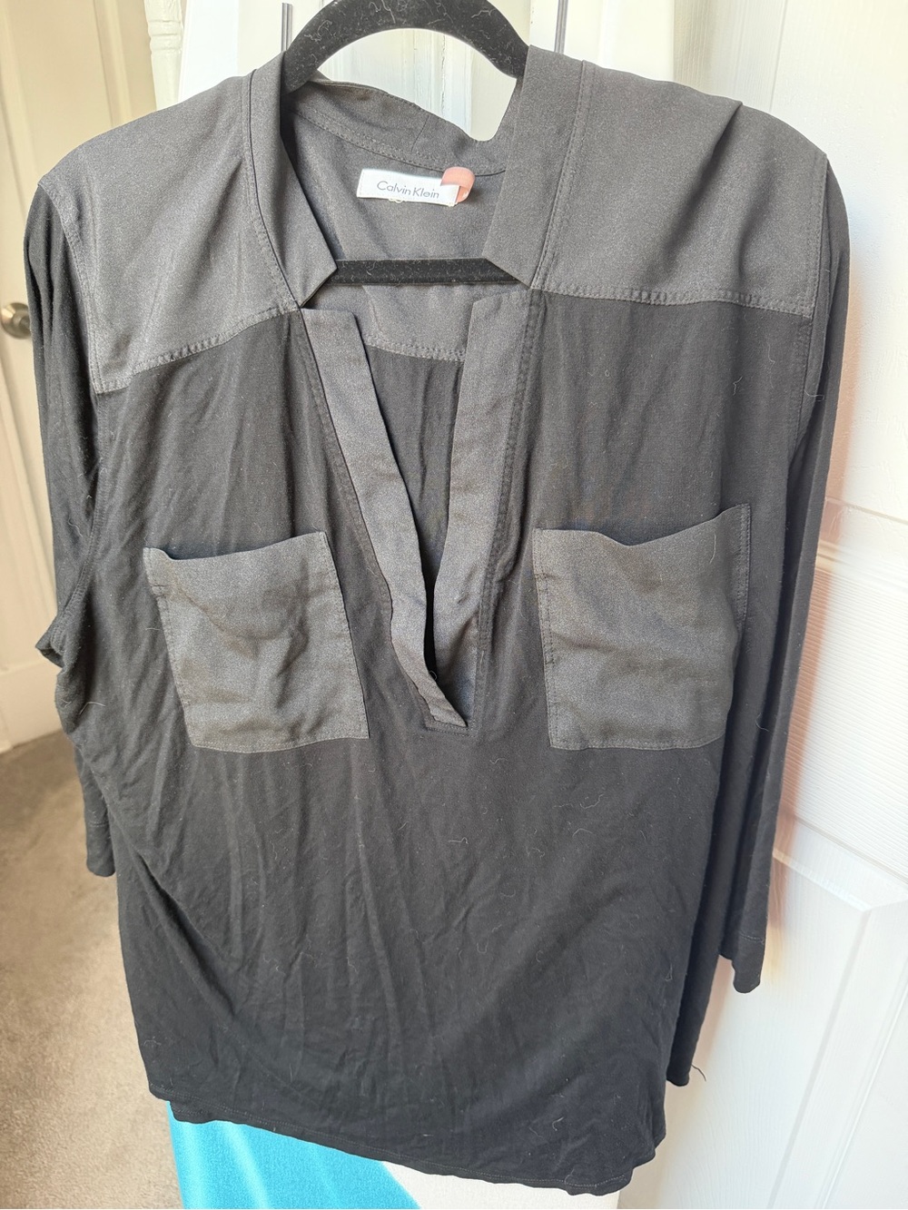 Calvin Klein Flowy Deep V-Neck Utility Blouse — Black | Soft | AS-IS